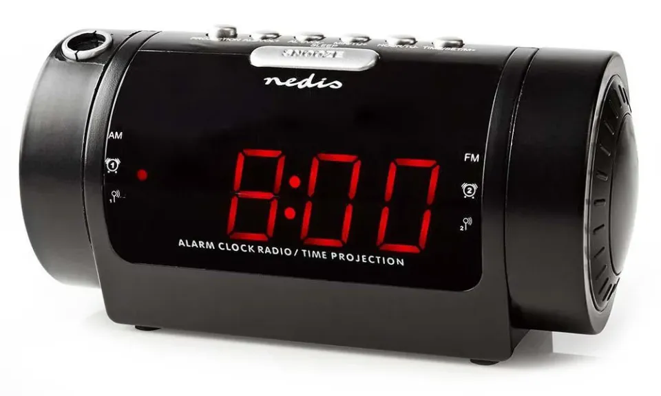 NEDIS digitální budík s rádiem/ LED displej/ promítání času/ AM/ FM/ odložené buzení/ časovač vypnutí/ 2 alarmy/ černý