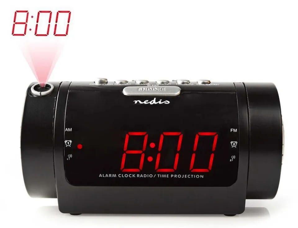 NEDIS digitální budík s rádiem/ LED displej/ promítání času/ AM/ FM/ odložené buzení/ časovač vypnutí/ 2 alarmy/ černý