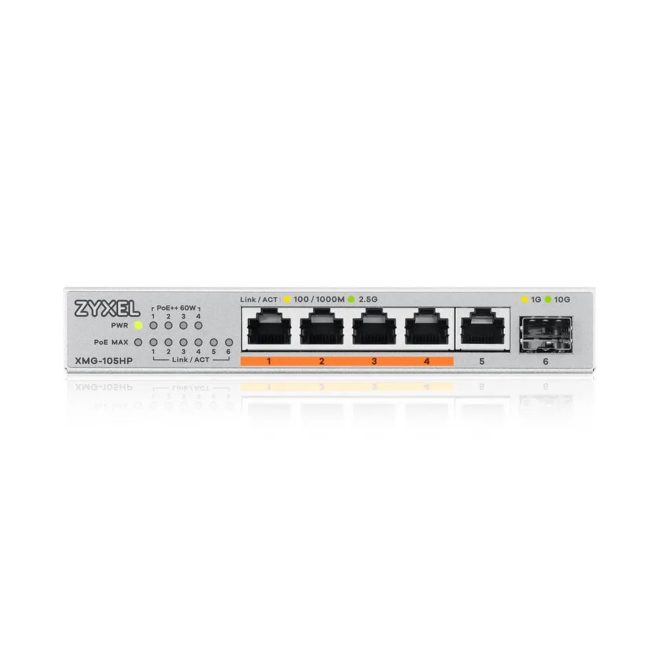 Zyxel XMG-105HP 5 Ports 2,5G + 1 SFP+, 4 ports 70W total PoE++ Desktop MultiGig unmanaged Switch