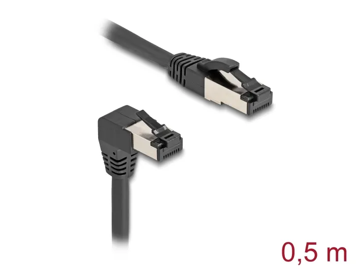 Delock Síťový kabel RJ45 Cat.8.1 S/FTP, zalomený dolů o 90° / přímý, 0,5 m, čern
