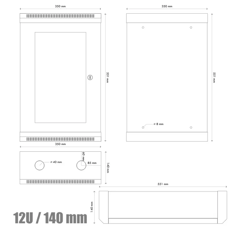 10" rack jednodílný 12U/140 DATACOM černý skl.dveře