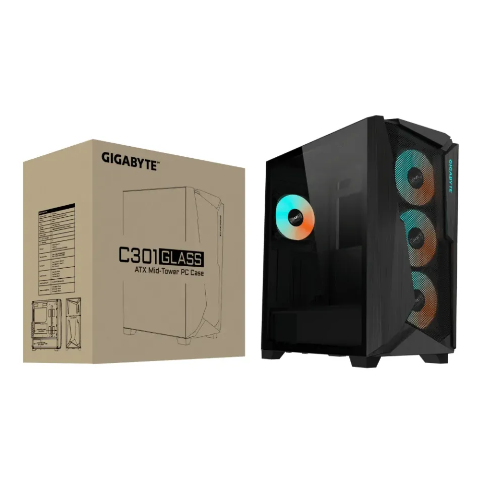 GIGABYTE skrín case GB-C301G, RGB Lighting, bez zdroje, transparentní bok, Mid t