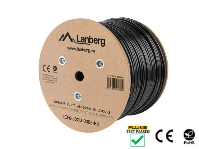 Instalační LAN kabel CAT.6 FTP 305 m, gelová výplň, měď, černý, LANBERG