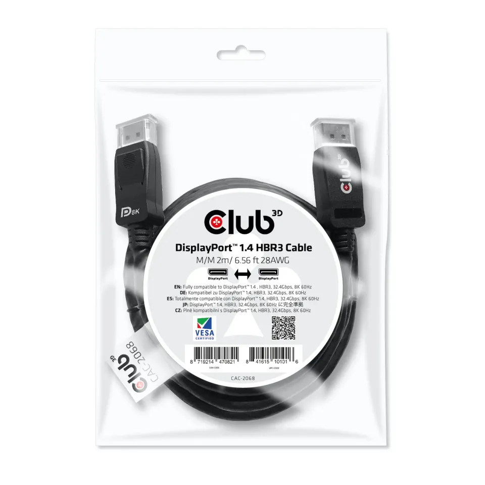 Club3D Certifikovaný Kabel DisplayPort 1.4 HBR3 8K60Hz (M/M), 2m