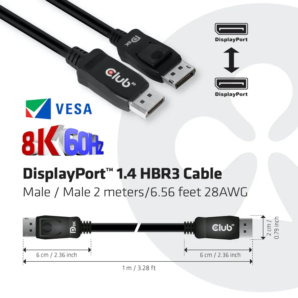 Club3D Certifikovaný Kabel DisplayPort 1.4 HBR3 8K60Hz (M/M), 2m