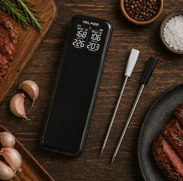 HELMER chytrý bezdrátový kuchyňský teploměr se dvěma sondami TM 28/ LCD displej/–10 až 100 °C/ Bluetooth/ černý