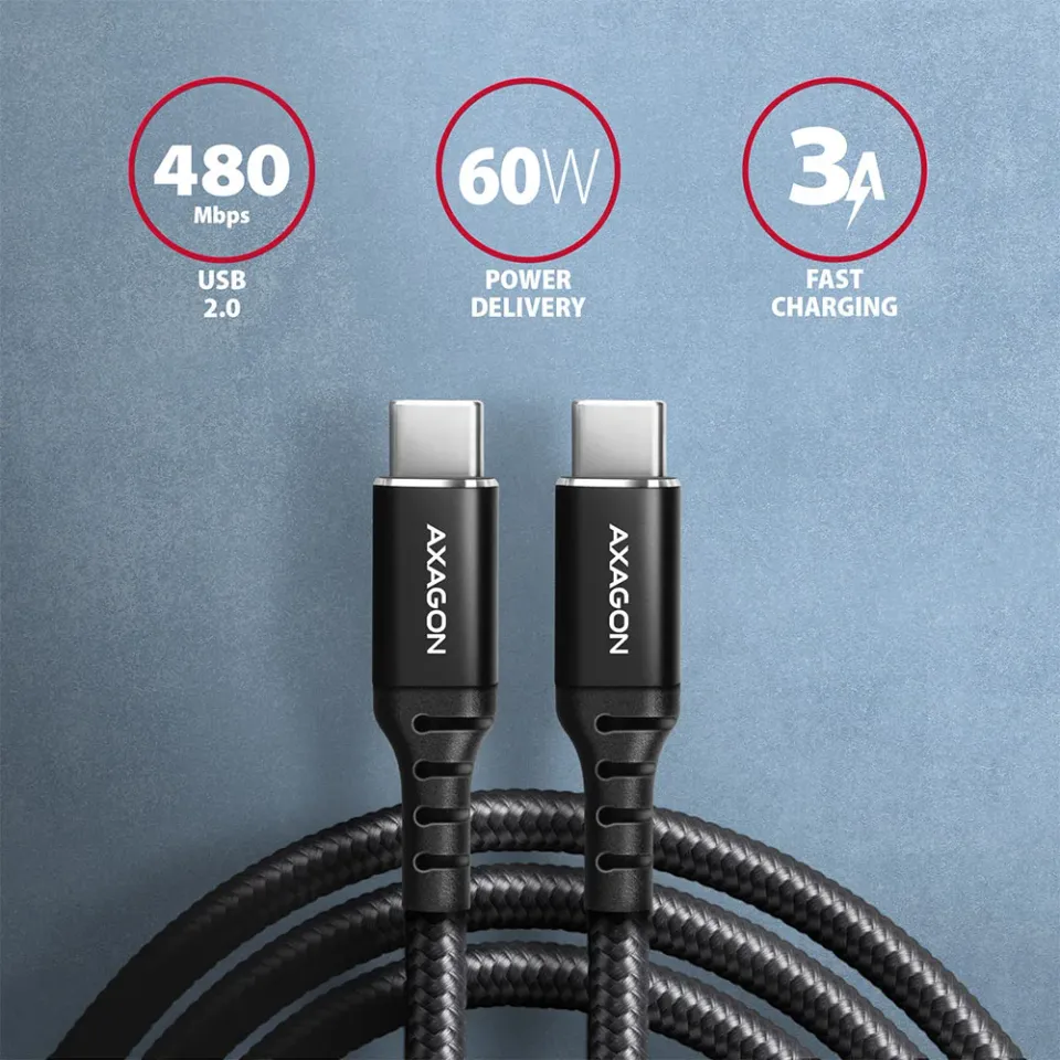 AXAGON BUCM-CM20AB, HQ kabel USB-C <-> USB-C, 2m, USB 2.0, PD 60W 3A, ALU, oplet