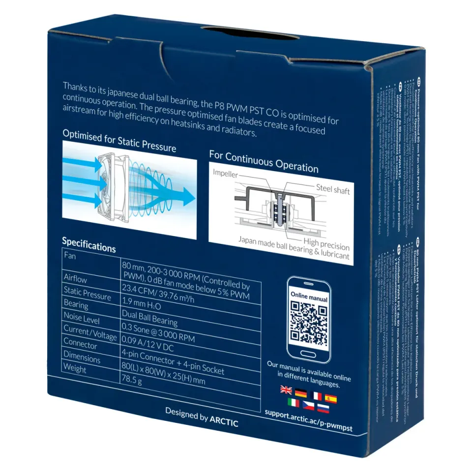 ARCTIC P8 PWM PST CO Case Fan - 80mm standard PWM case fan with double ball bearing technology