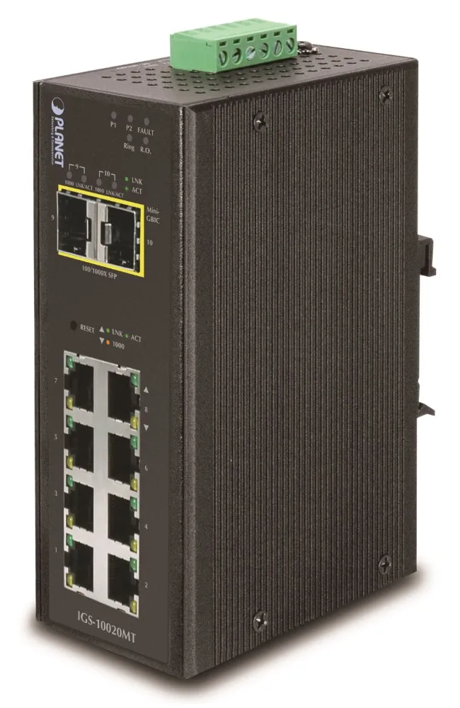 Planet IGS-10020MT průmyslový L3 switch, 8x1Gb, 2x2.5Gb SFP, dual 12-48V DC, -40~75°C, IP30