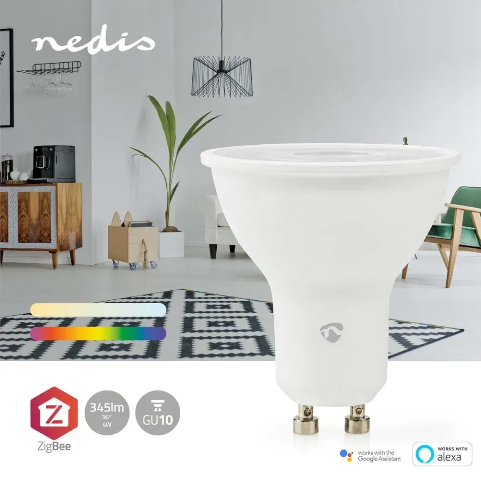 NEDIS chytrá LED žárovka/ Zigbee 3.0/ GU10/ PAR16/ 4,7W/ 230V/ 470lm/ teplá – studená bíla/ 2700–6500K/ RGB/ stmívatelná