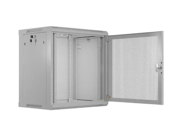 NÁSTĚNNÁ INSTALAČNÍ SKŘÍŇ 19" 12U 600X450 ŠEDÉ PERFOROVANÉ DVEŘE - PLOCHÉ BALENÍ