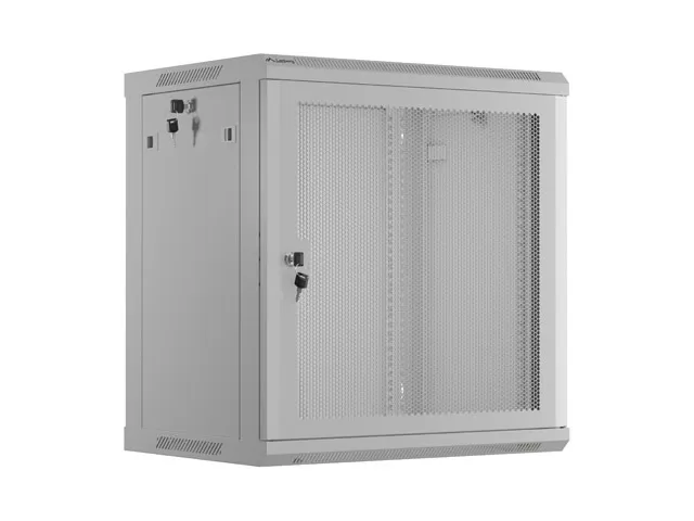 NÁSTĚNNÁ INSTALAČNÍ SKŘÍŇ 19" 12U 600X450 ŠEDÉ PERFOROVANÉ DVEŘE - PLOCHÉ BALENÍ