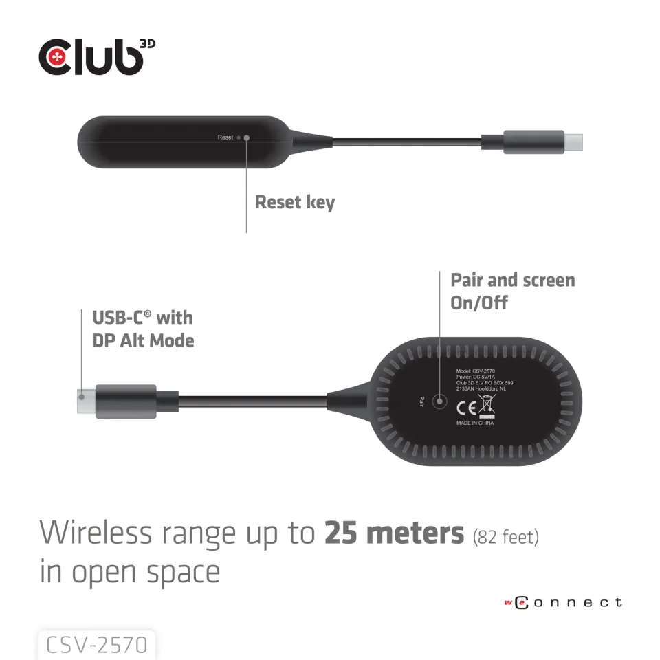 Club3D Bezdrátový adaptér (vysílač) USB-C na HDMI, Full HD, dosah 25m
