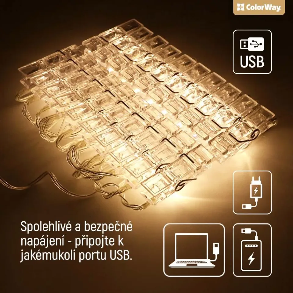 COLORWAY LED fotokolíčky / 20 LED / délka 3 m / teplá bílá/ napájení USB