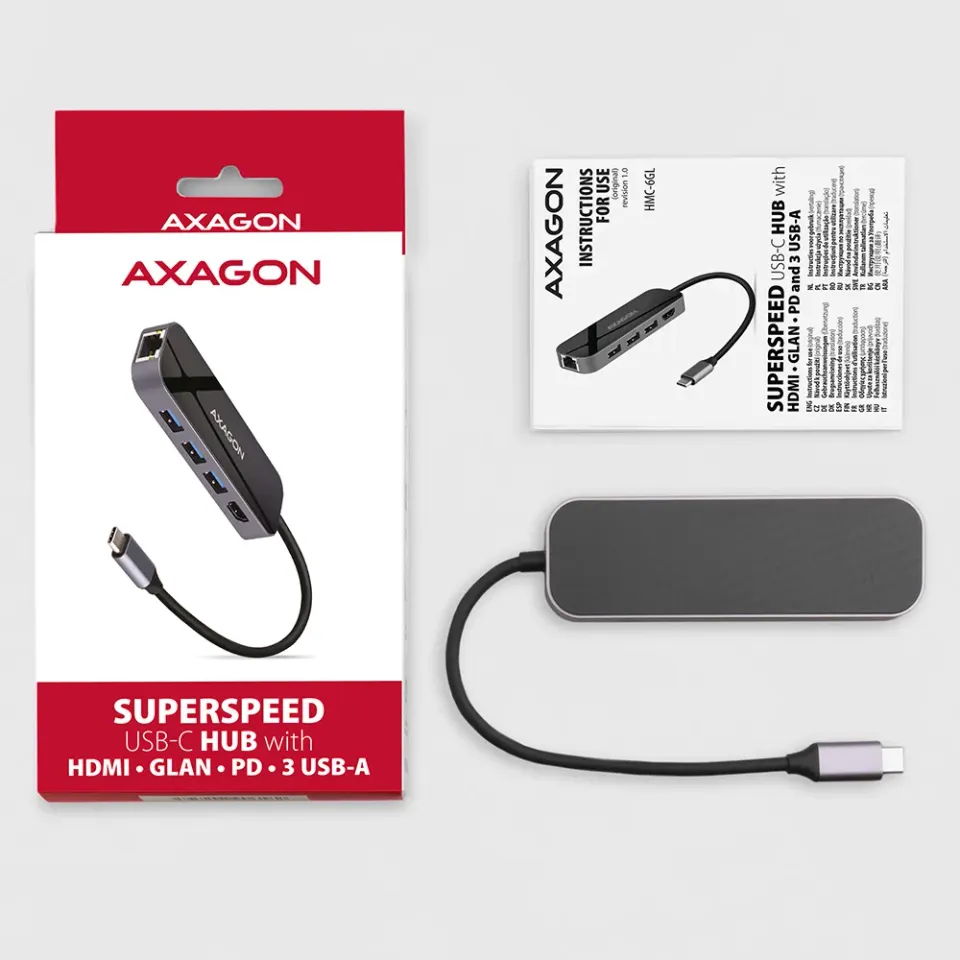 AXAGON HMC-6GL, USB 3.2 Gen 1 hub, porty 3x USB-A, HDMI 4k/30Hz, RJ-45 GLAN, PD