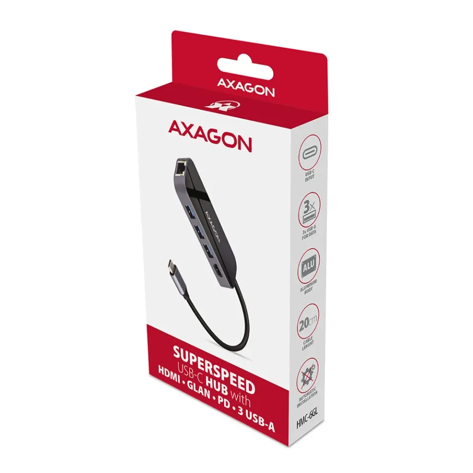 AXAGON HMC-6GL, USB 3.2 Gen 1 hub, porty 3x USB-A, HDMI 4k/30Hz, RJ-45 GLAN, PD