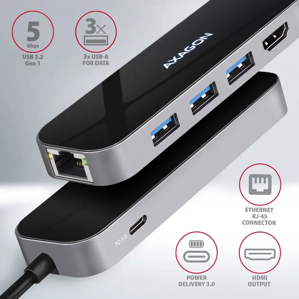 AXAGON HMC-6GL, USB 3.2 Gen 1 hub, porty 3x USB-A, HDMI 4k/30Hz, RJ-45 GLAN, PD