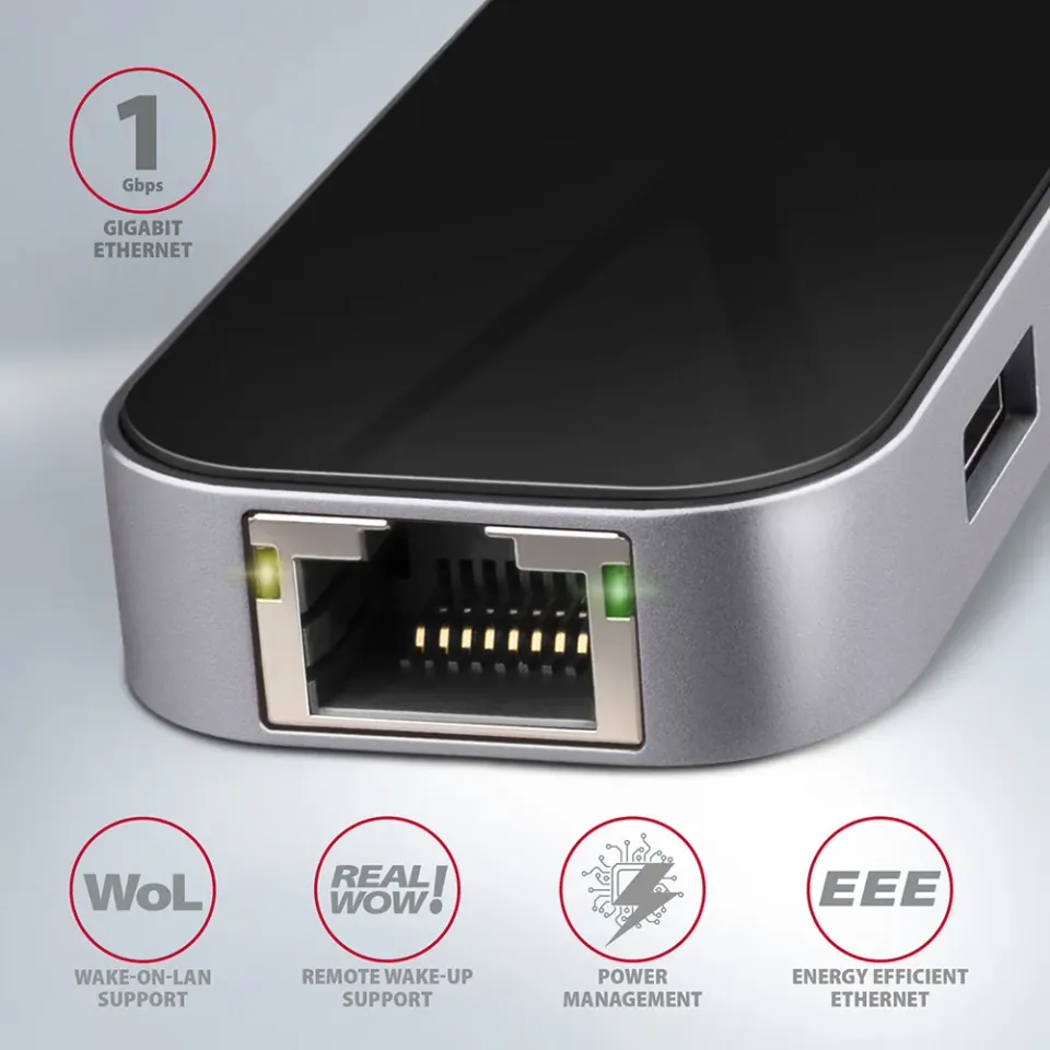 AXAGON HMC-6GL, USB 3.2 Gen 1 hub, porty 3x USB-A, HDMI 4k/30Hz, RJ-45 GLAN, PD