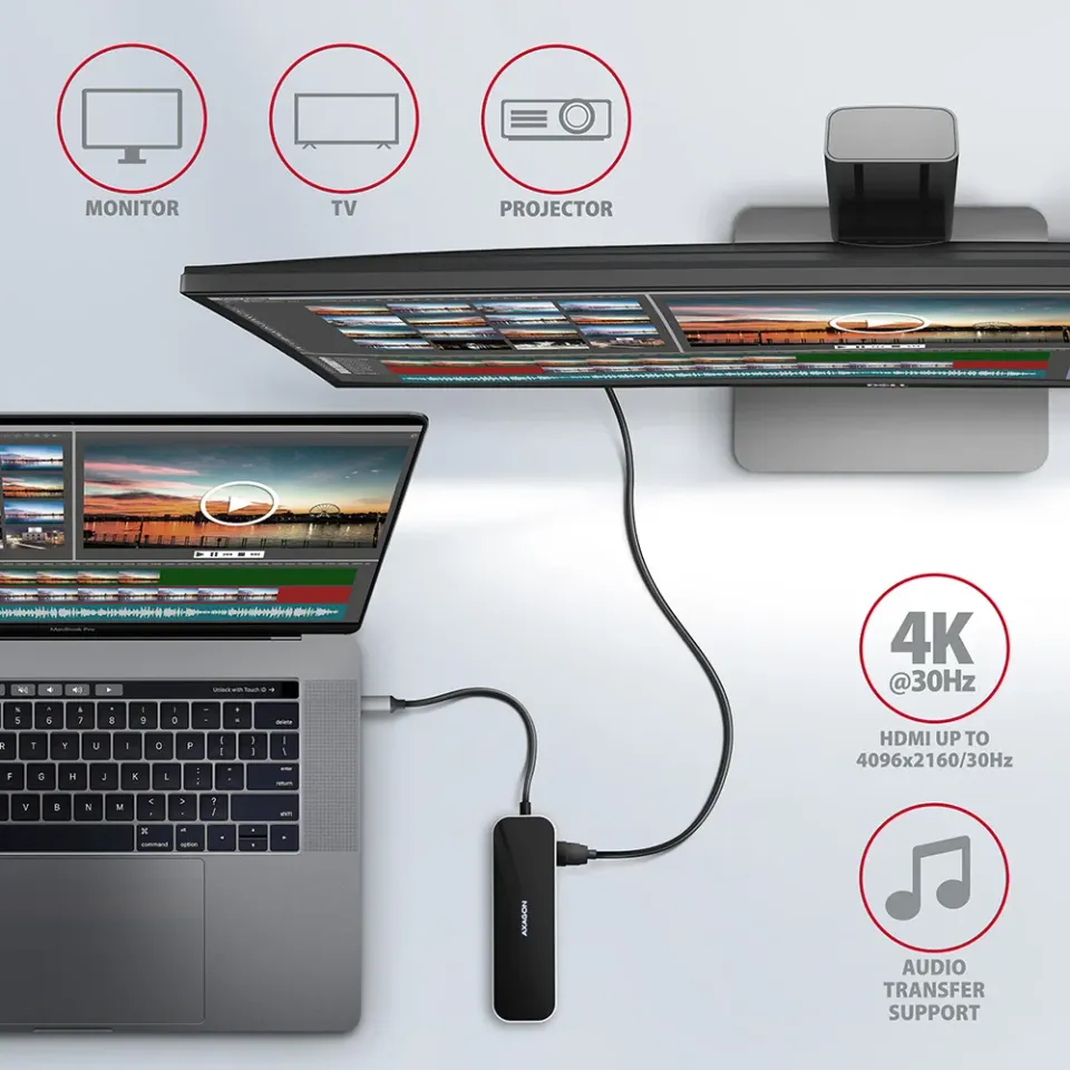 AXAGON HMC-6GL, USB 3.2 Gen 1 hub, porty 3x USB-A, HDMI 4k/30Hz, RJ-45 GLAN, PD
