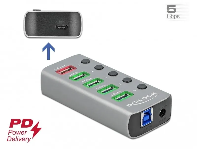 Delock Rozbočovač USB 3.2 Gen 1 se 4 porty + 1 rychlonabíjecím portem + 1 portem