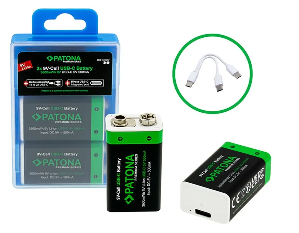 PATONA nabíjecí baterie 6F22/LR22 Li-lon 400mAh 9V s USB-C nabíjením, 2ks v balení