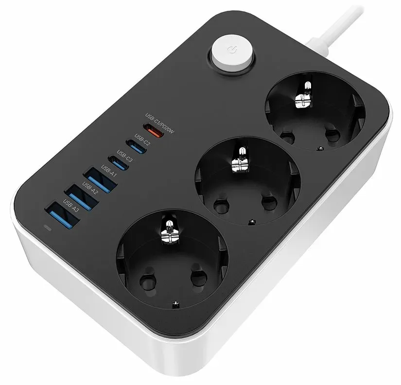 COLORWAY Prodlužovací napájecí přívod/ 3x Schuko/ 3x USB-C 20W/ 3x USB-A/ kabel 2m