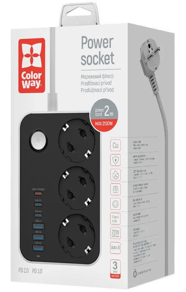 COLORWAY Prodlužovací napájecí přívod/ 3x Schuko/ 3x USB-C 20W/ 3x USB-A/ kabel 2m