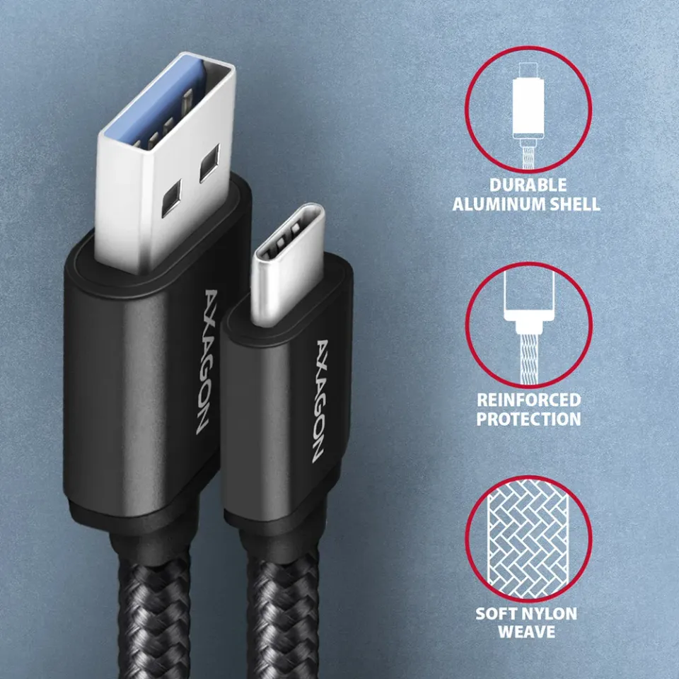 AXAGON BUCM3-AM20AB, SPEED kabel USB-C <-> USB-A, 2m, USB 3.2 Gen 1, 3A, ALU, op