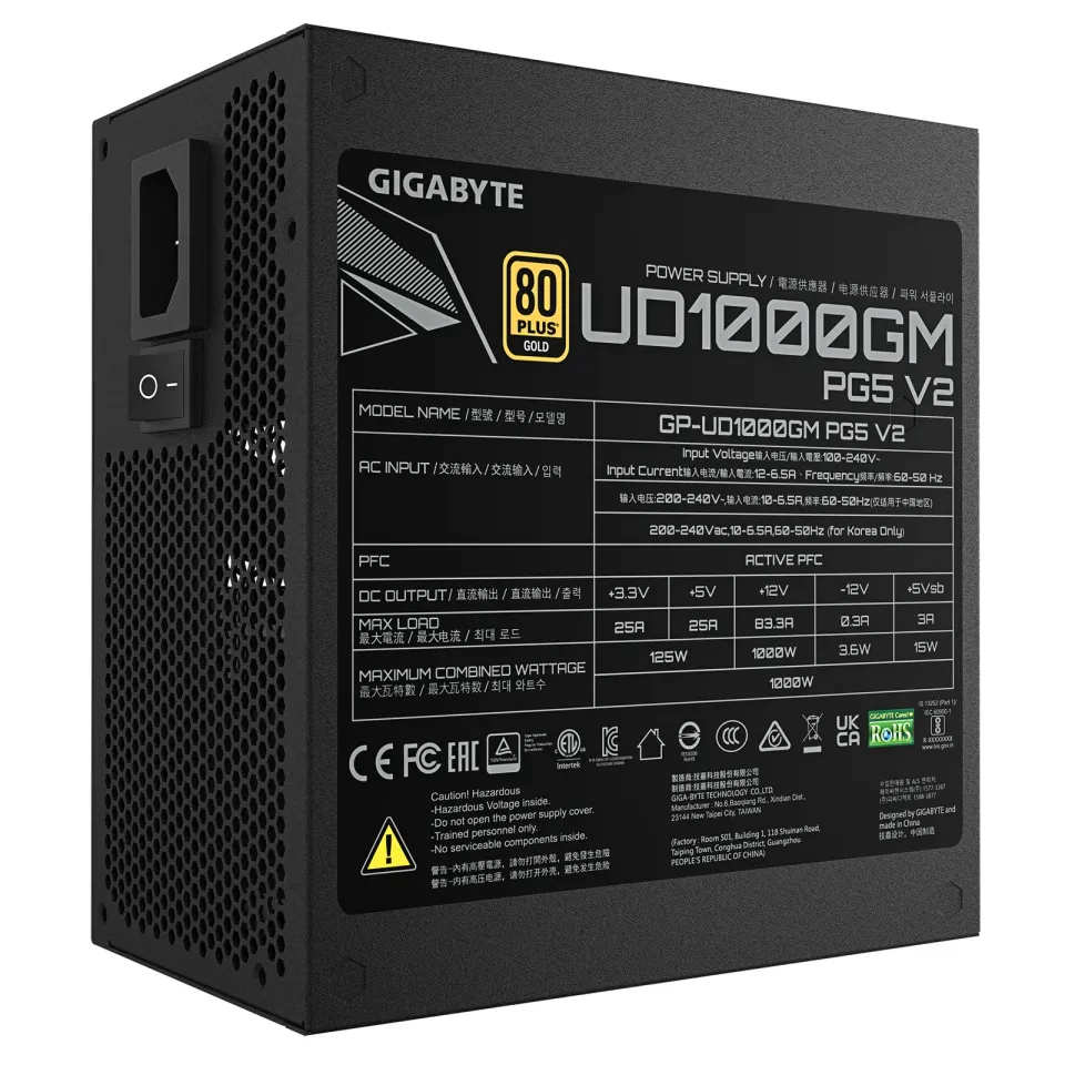 GIGABYTE zdroj UD1000GM PG5 V2 1000W, 120mm, Plně modulární, 80 Plus Gold, ATX 3.1