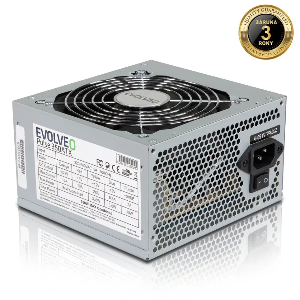 EVOLVEO Pulse 350ATX, zdroj 350W, ATX 2.2, 1× PCIe, pas. PFC, tichý 120mm ventil