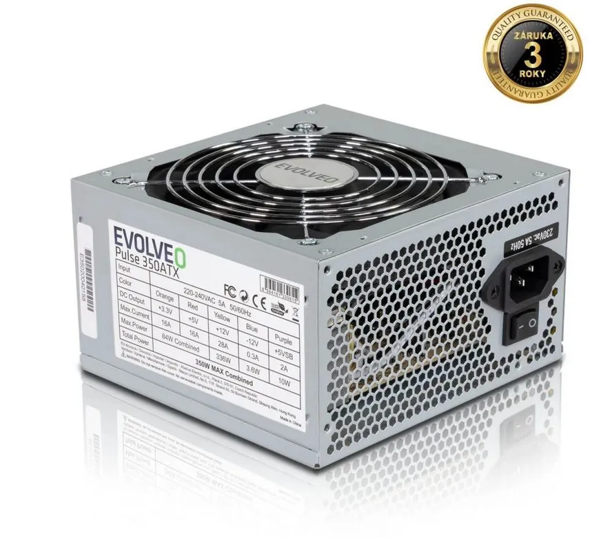 EVOLVEO Pulse 350ATX, zdroj 350W, ATX 2.2, 1× PCIe, pas. PFC, tichý 120mm ventil