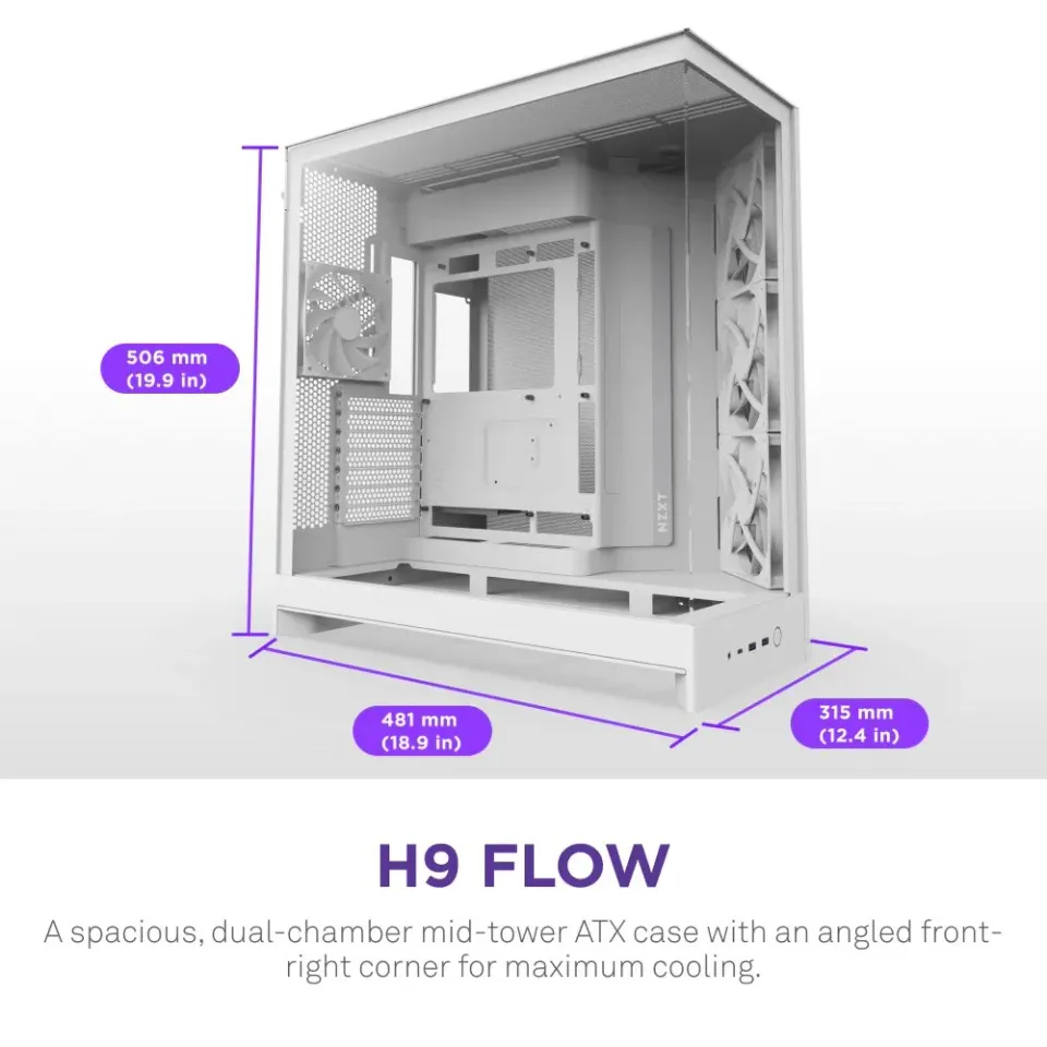 NZXT skříň H9 Flow dvoukomorová ATX / 3x140mm fan / 1x120mm / perforovaný top / proskl. bočnice, front / bílá