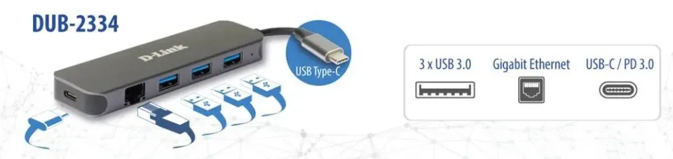D-Link DUB-2334 USB-C Hub with Gigabit Ethernet and 3x USB3.0