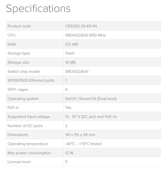 MikroTik Cloud Router Switch CRS305-1G-4S+IN, Dual Boot (SwitchOS, RouterOS), 800MHz, 512MB RAM, 4xSFP+, vč.L5