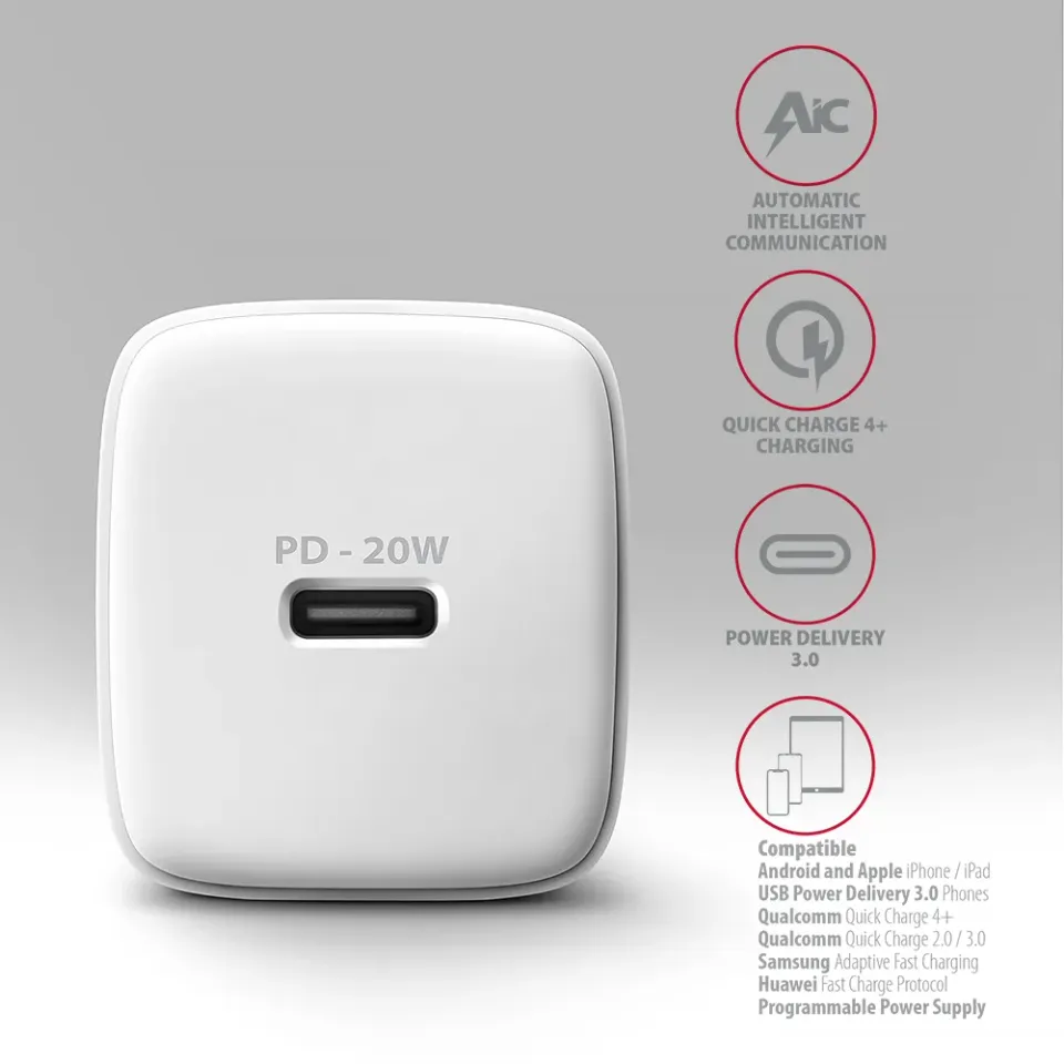 AXAGON ACU-PD20W, nabíječka do sítě 20W, 1x port USB-C, PD3.0/PPS/QC4+/AFC/Apple
