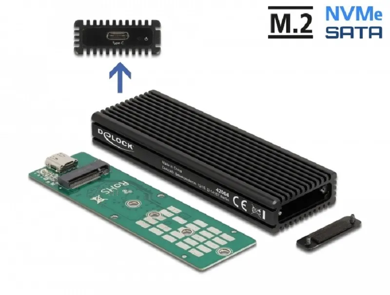 Delock Externí kombinované pouzdro USB Type-C pro M.2 NVMe PCIe nebo pro SATA SS (42004)