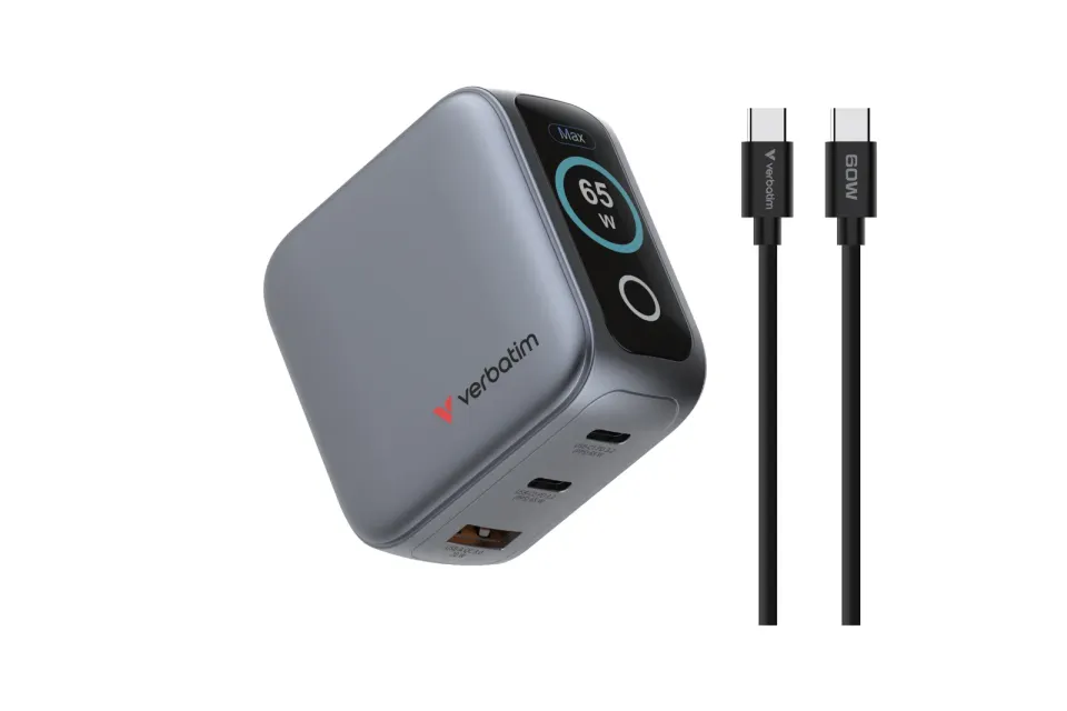VERBATIM Mini GaN Nabíječka s displejem 65W, 2xUSB-C, 1xUSB-A, šedá