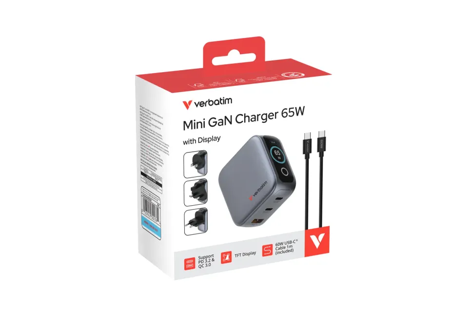 VERBATIM Mini GaN Nabíječka s displejem 65W, 2xUSB-C, 1xUSB-A, šedá