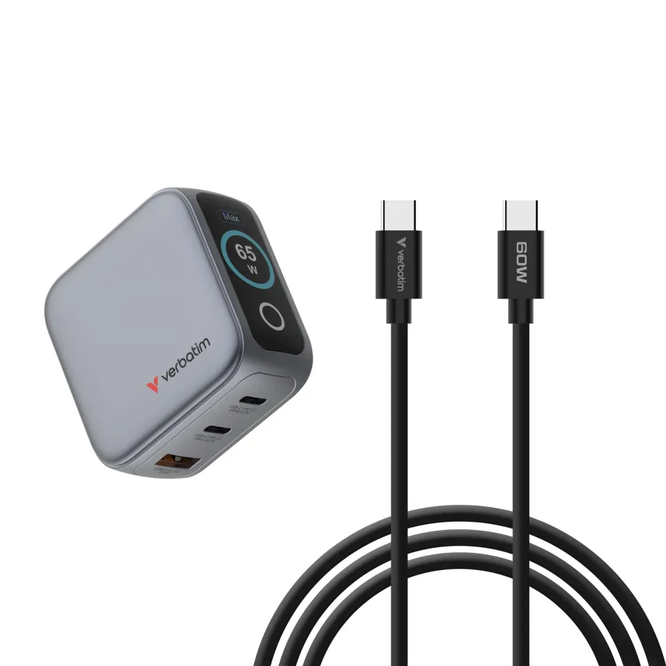 VERBATIM Mini GaN Nabíječka s displejem 65W, 2xUSB-C, 1xUSB-A, šedá