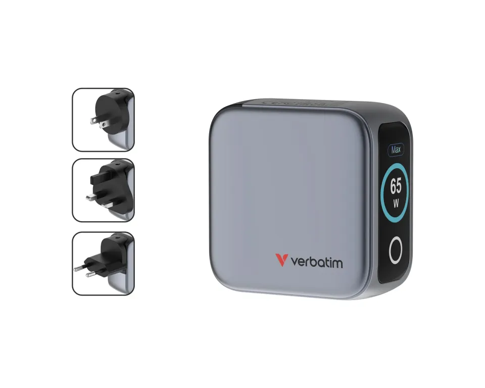 VERBATIM Mini GaN Nabíječka s displejem 65W, 2xUSB-C, 1xUSB-A, šedá