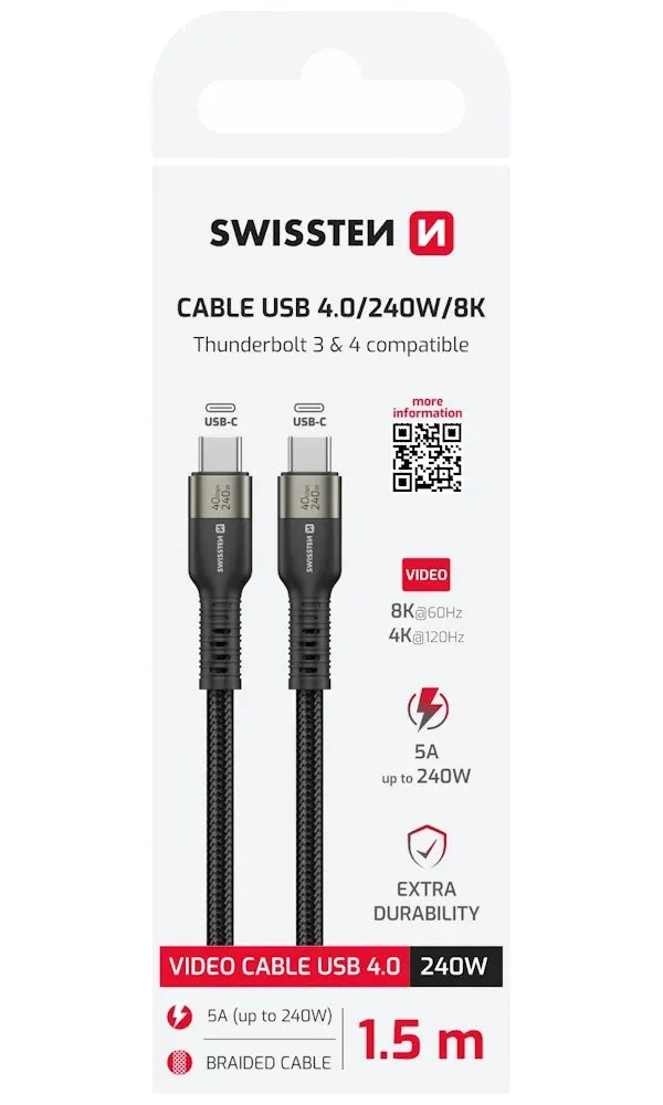 SWISSTEN DATOVÝ VIDEO KABEL USB 4.0, USB-C, 240W, 8K@60Hz, 40 Gb/s, TB3 & TB4, 1