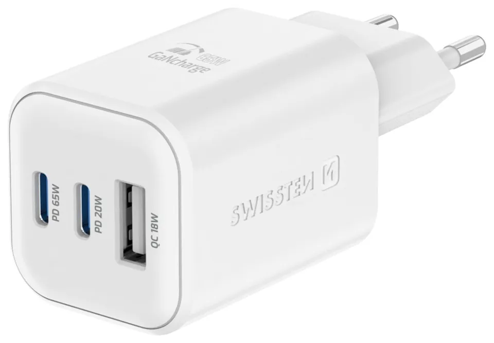 Swissten síťový adaptér gan 2x usb-c 65w pd + 1x usb-a 18w qc bílý