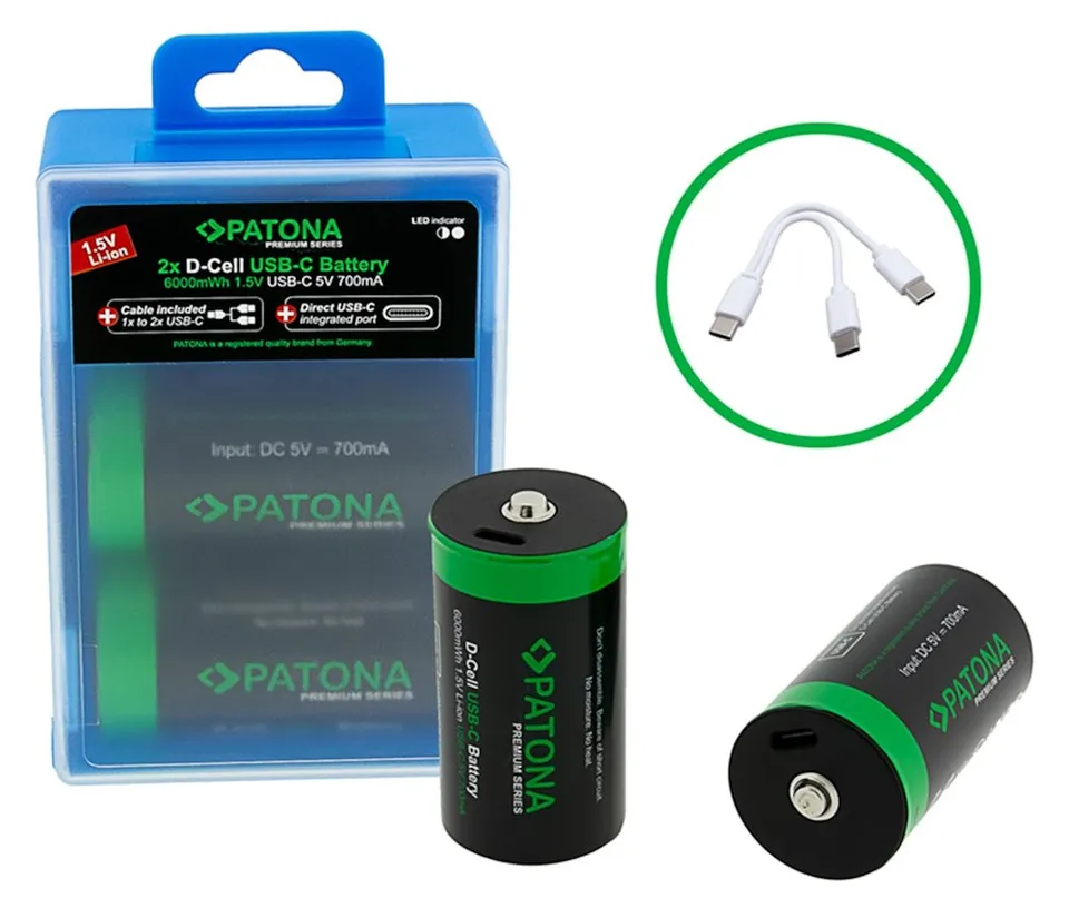 PATONA nabíjecí baterie LR20 mono D Li-lon 4000mAh 1,5V s USB-C nabíjením, 2ks v balení