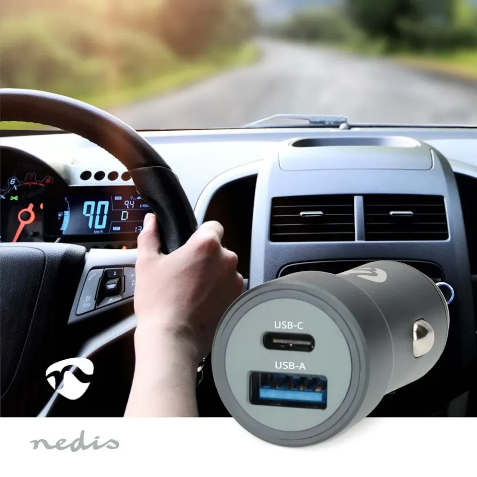NEDIS nabíječka do auta/ 48 W/ dva výstupy/ 12 - 24 V DC/ 3.0 A/ USB-A/ USB-C/ automatická volba napětí/ šedá