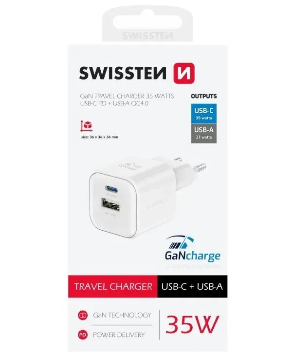 Swissten síťový adaptér gan 1x usb-c 35w pd + 1x usb-a 27w qc bílý