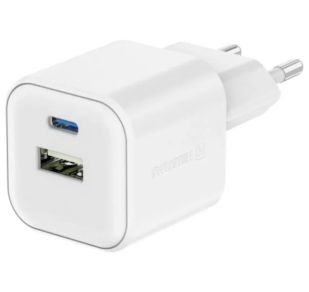 Swissten síťový adaptér gan 1x usb-c 35w pd + 1x usb-a 27w qc bílý