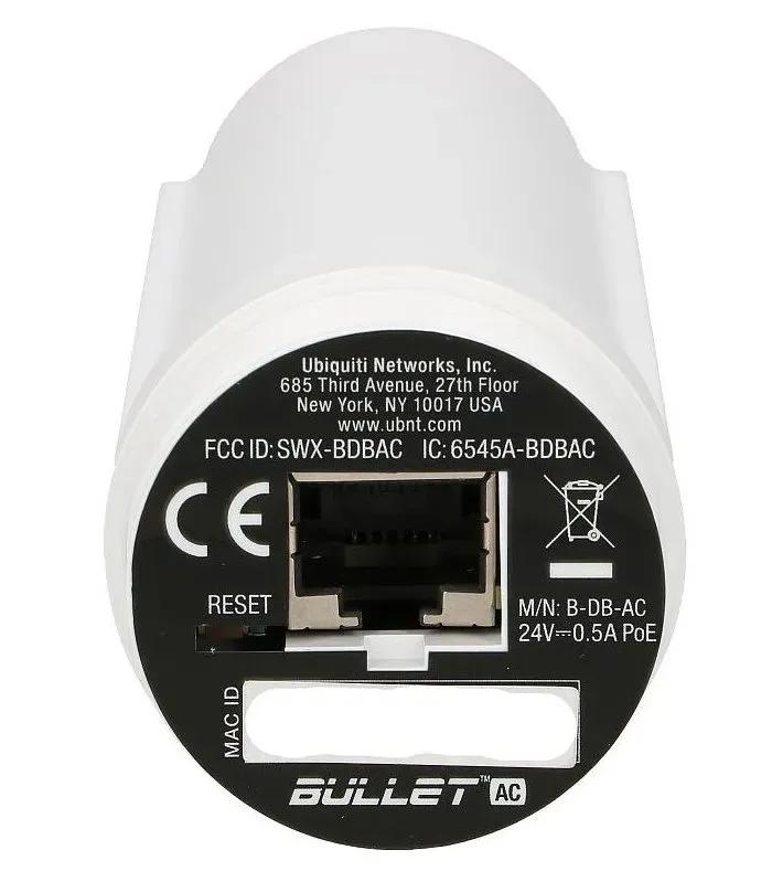 Ubiquiti Bullet AC - PtP/PtMP, 2.4GHz/5GHz, airMAX AC, N-type Male, 1x GbE, PoE 24V