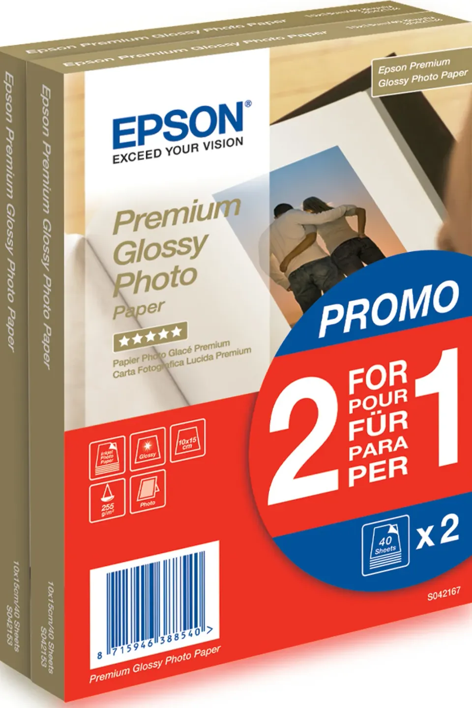EPSON paper 10x15 - 255g/m2 - 2x40sheets - photo premium glossy (2 for 1 PROMO)