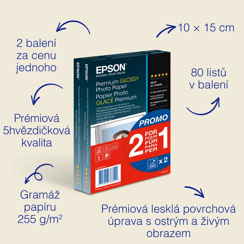 EPSON paper 10x15 - 255g/m2 - 2x40sheets - photo premium glossy (2 for 1 PROMO)