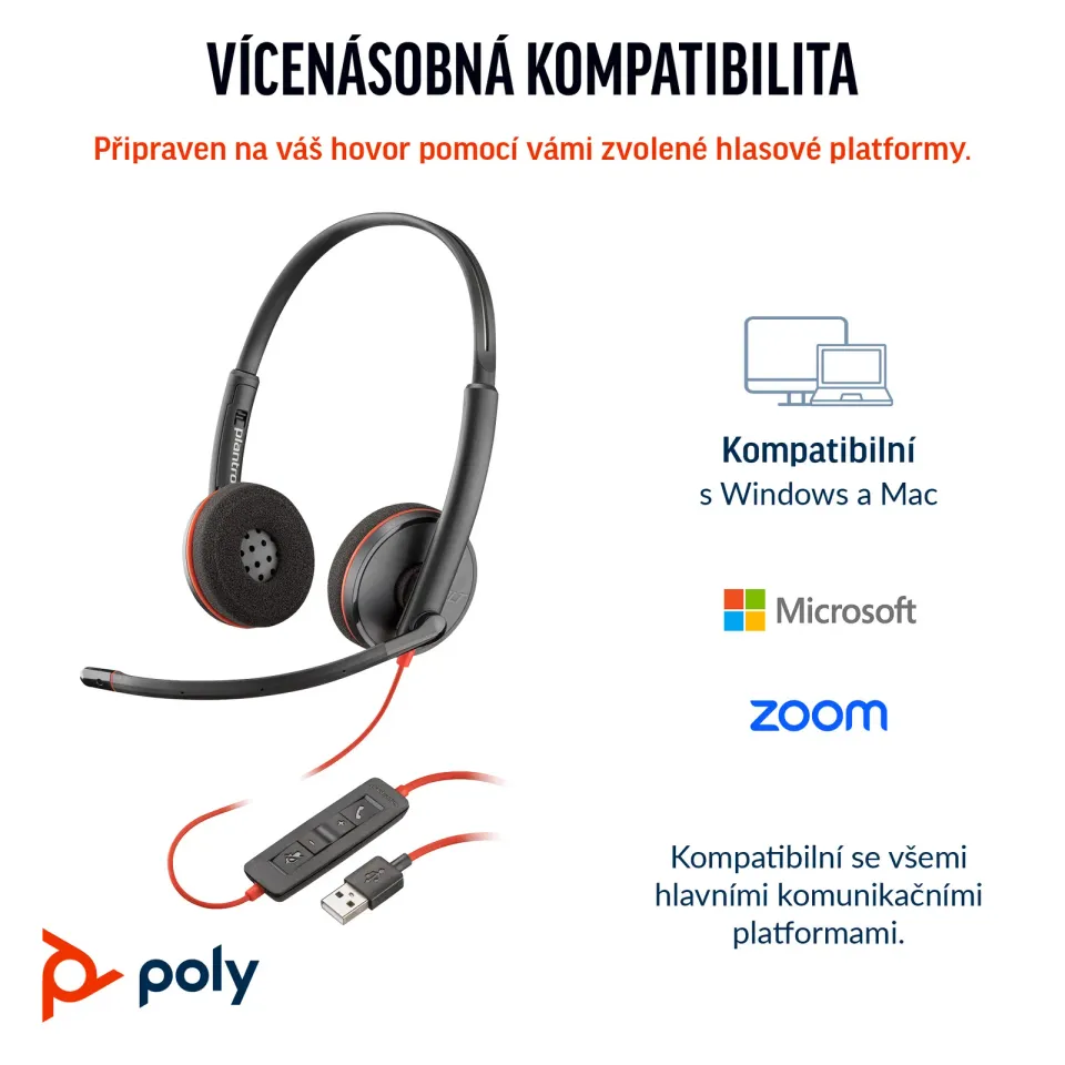 Poly Blackwire 3220 náhlavní souprava, USB-C/A adaptér, stereo (bulk)